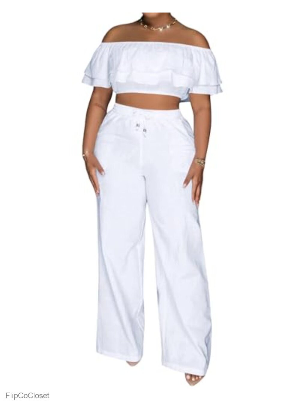 2 Piece Outfit Ruffle Trim Crop Top Wide Leg Pants Set
